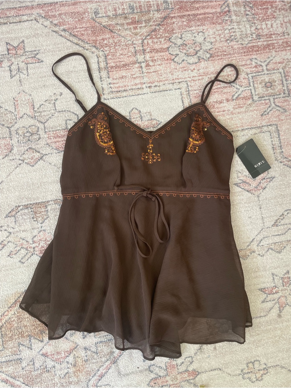 NWT Y2k Brown Embroidered Sequin Babydoll Top Womens M